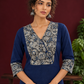 Elegant Navy Blue Kurta with Contrast Kalamkari Print Yoke and Matching Sleeve Cuffs — fabric detail