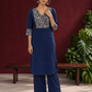 Elegant Navy Blue Kurta with Contrast Kalamkari Print Yoke and Matching Sleeve Cuffs — front view
