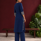 Elegant Navy Blue Kurta with Contrast Kalamkari Print Yoke and Matching Sleeve Cuffs — back view