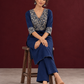 Elegant Navy Blue Kurta with Contrast Kalamkari Print Yoke and Matching Sleeve Cuffs — seated