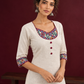 Timeless Off-White Cotton Kurta with Handpainted Madhubani overlapping Neckline & Matching Sleeve Cuffs — fabric detail