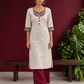 Timeless Off-White Cotton Kurta with Handpainted Madhubani overlapping Neckline & Matching Sleeve Cuffs — front view