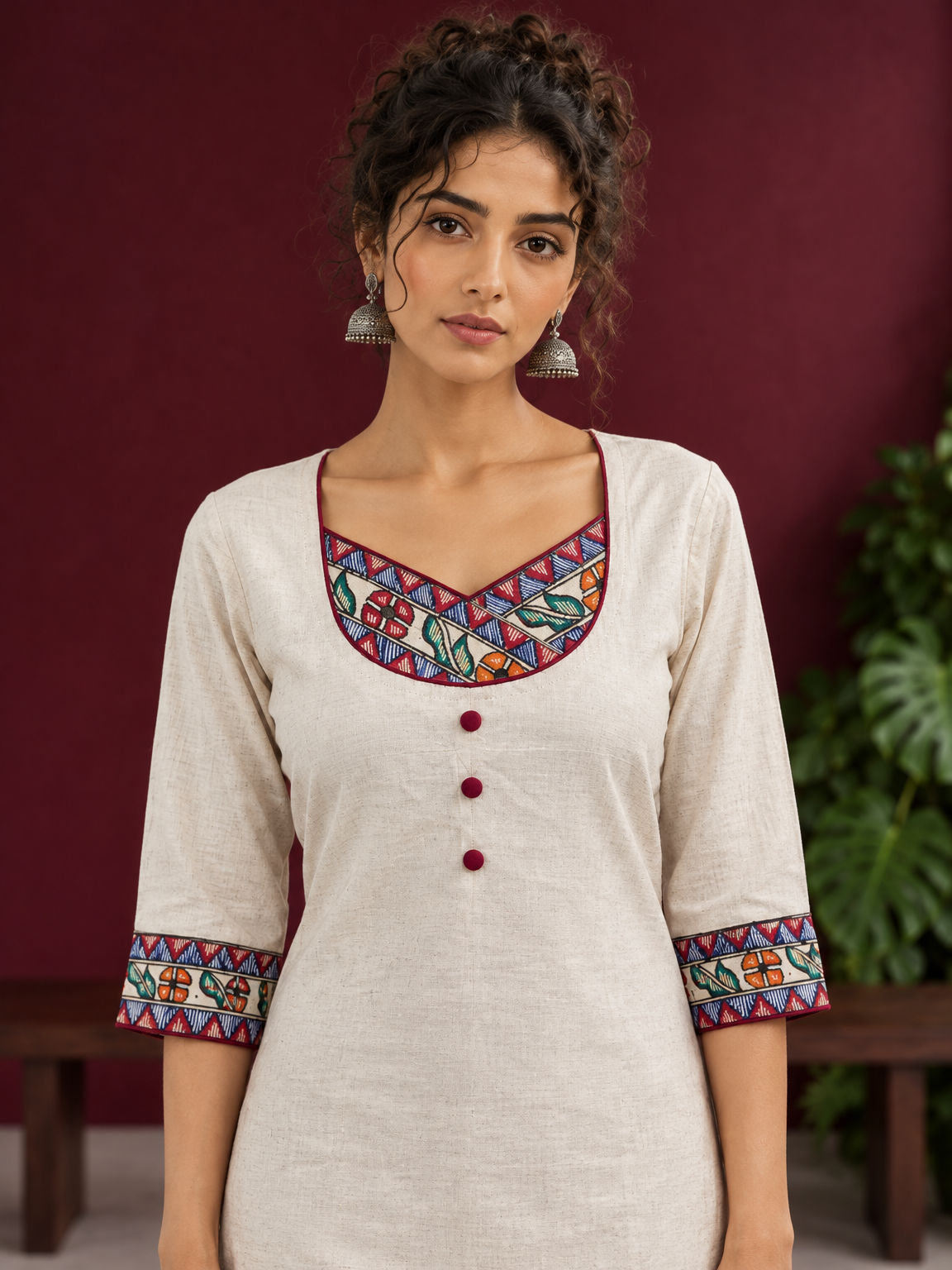 Timeless Off-White Cotton Kurta with Handpainted Madhubani overlapping Neckline & Matching Sleeve Cuffs — styled view