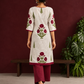 White Cotton Kurta with Hand Block Printed Red Floral Motifs and red Keyhole Neckline Trim — back view