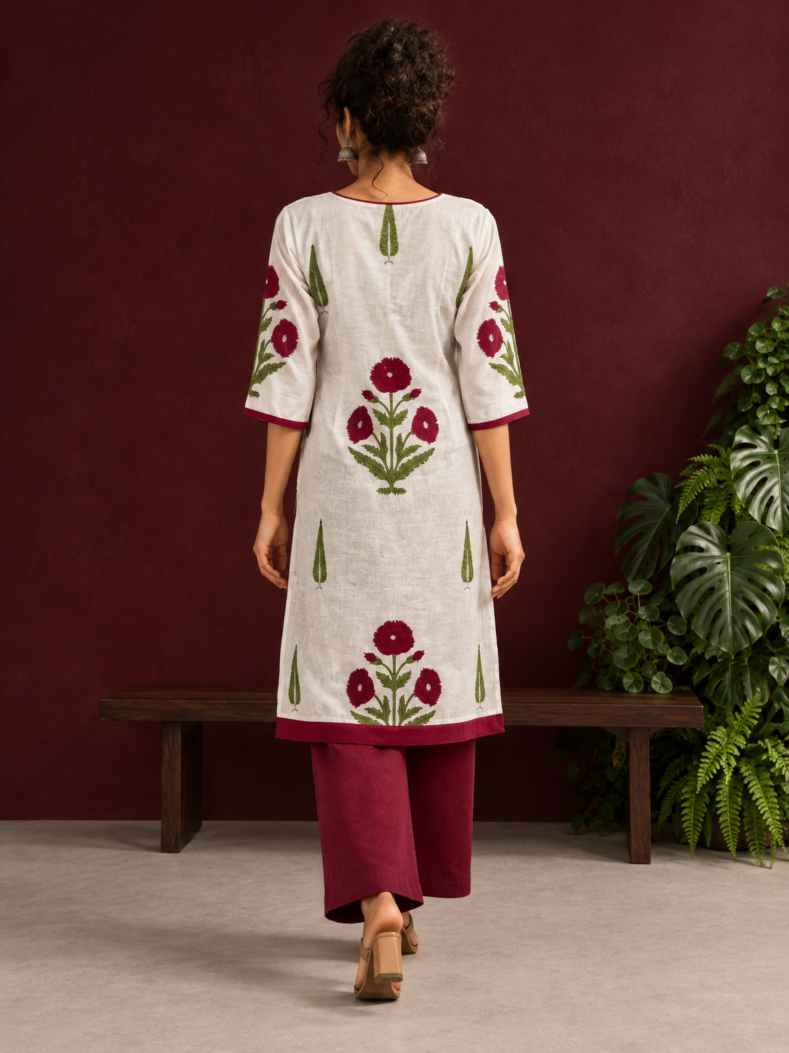 White Cotton Kurta with Hand Block Printed Red Floral Motifs and red Keyhole Neckline Trim — back view