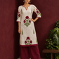 White Cotton Kurta with Hand Block Printed Red Floral Motifs and red Keyhole Neckline Trim — front view