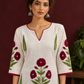White Cotton Kurta with Hand Block Printed Red Floral Motifs and red Keyhole Neckline Trim — fabric detail