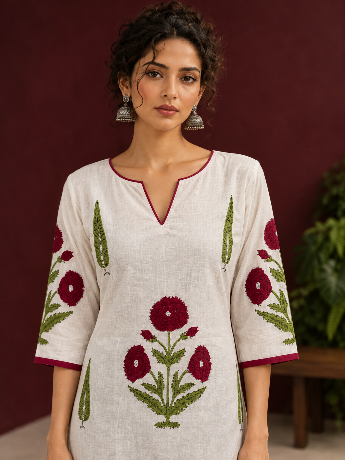 White Cotton Kurta with Hand Block Printed Red Floral Motifs and red Keyhole Neckline Trim — fabric detail