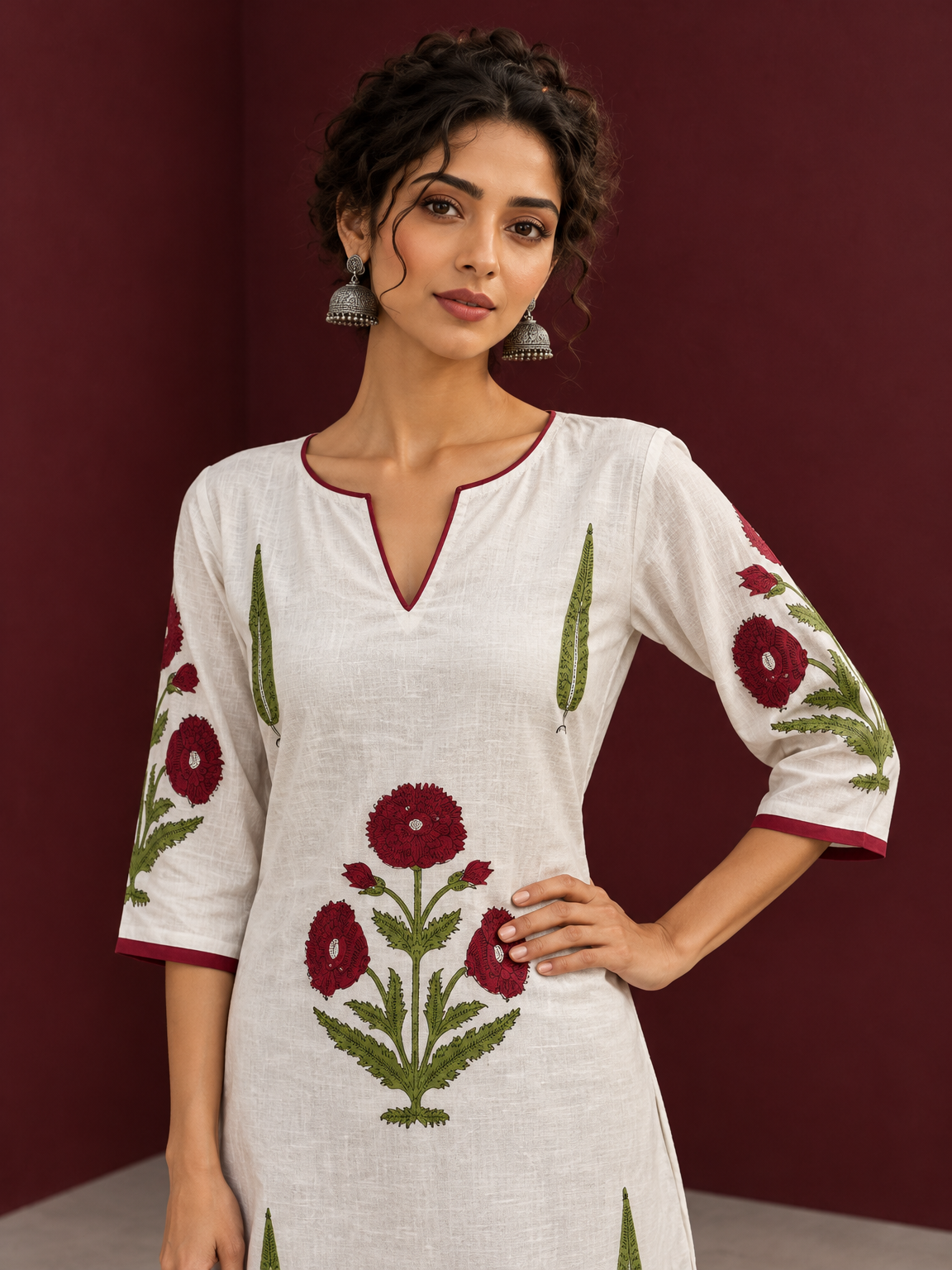 White Cotton Kurta with Hand Block Printed Red Floral Motifs and red Keyhole Neckline Trim — styled view