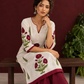 White Cotton Kurta with Hand Block Printed Red Floral Motifs and red Keyhole Neckline Trim — seated detail