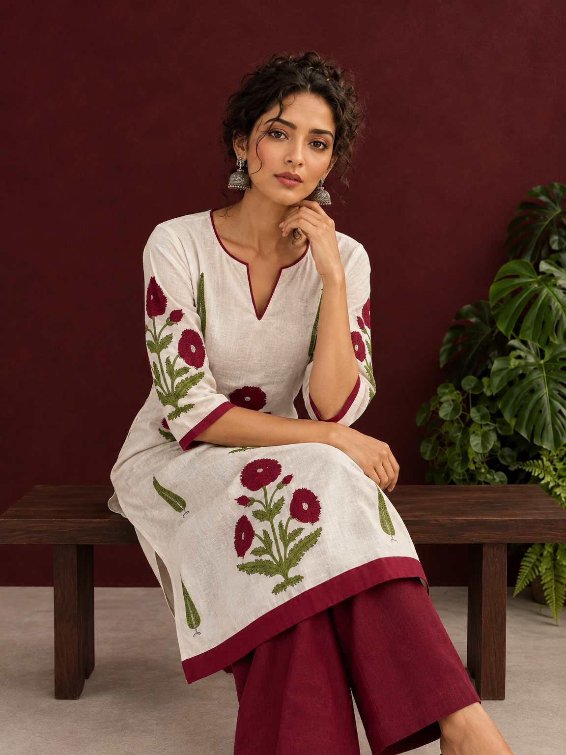White Cotton Kurta with Hand Block Printed Red Floral Motifs and red Keyhole Neckline Trim — seated detail
