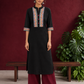 Classic Black Cotton Kurta with hand painted Madhubani neck panels & Matching Sleeve Cuffs — front view