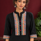 Classic Black Cotton Kurta with hand painted Madhubani neck panels & Matching Sleeve Cuffs — fabric detail