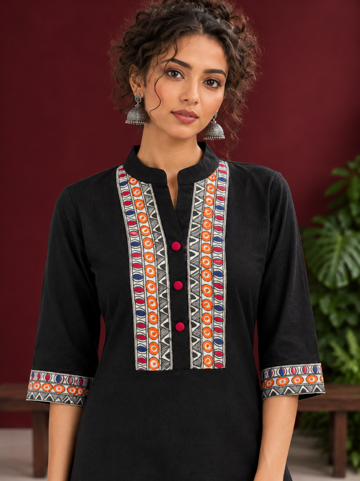 Classic Black Cotton Kurta with hand painted Madhubani neck panels & Matching Sleeve Cuffs — fabric detail