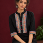 Classic Black Cotton Kurta with hand painted Madhubani neck panels & Matching Sleeve Cuffs — seated detail