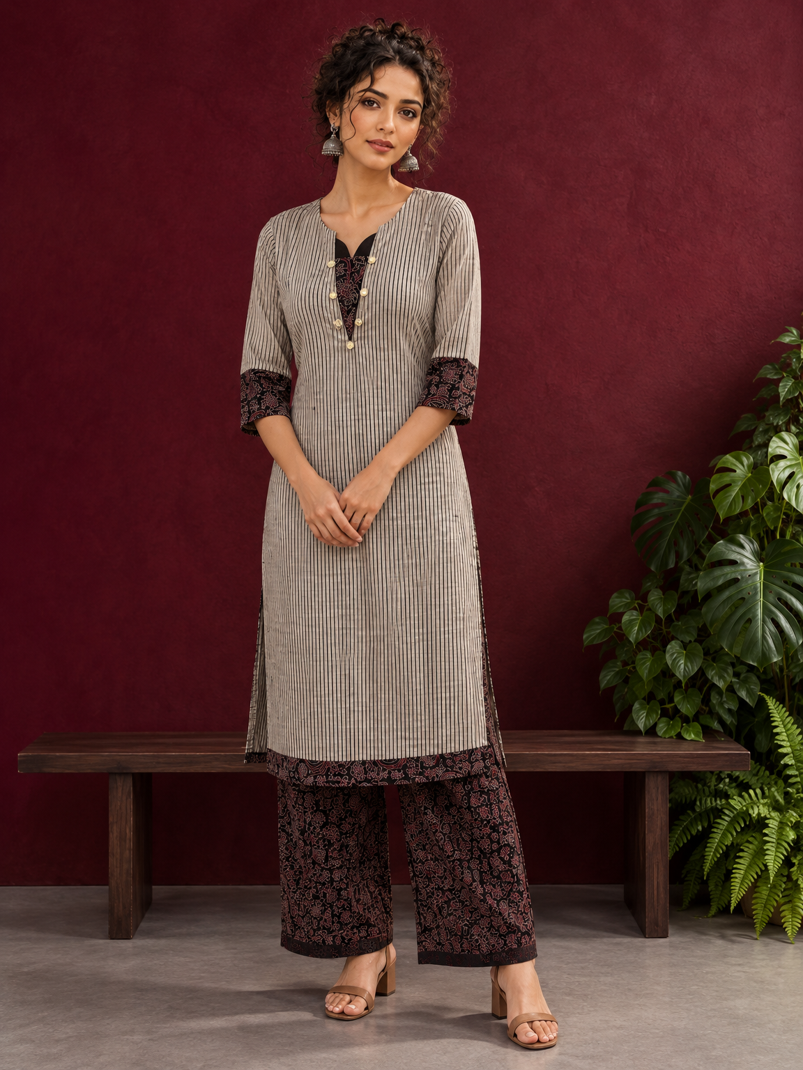 Elegant Beige Ajrakh Striped Cotton Kurta with Contrast Black Floral patch in Neckline & Sleeve Cuffs — front view