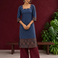 Navy Blue Ajrakh Striped Cotton Kurta with Contrasting Maroon Ajrakh Print Hemline and Sleeve Cuffs — front view