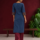 Navy Blue Ajrakh Striped Cotton Kurta with Contrasting Maroon Ajrakh Print Hemline and Sleeve Cuffs — back view