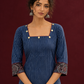 Navy Blue Ajrakh Striped Cotton Kurta with Contrasting Maroon Ajrakh Print Hemline and Sleeve Cuffs — fabric detail