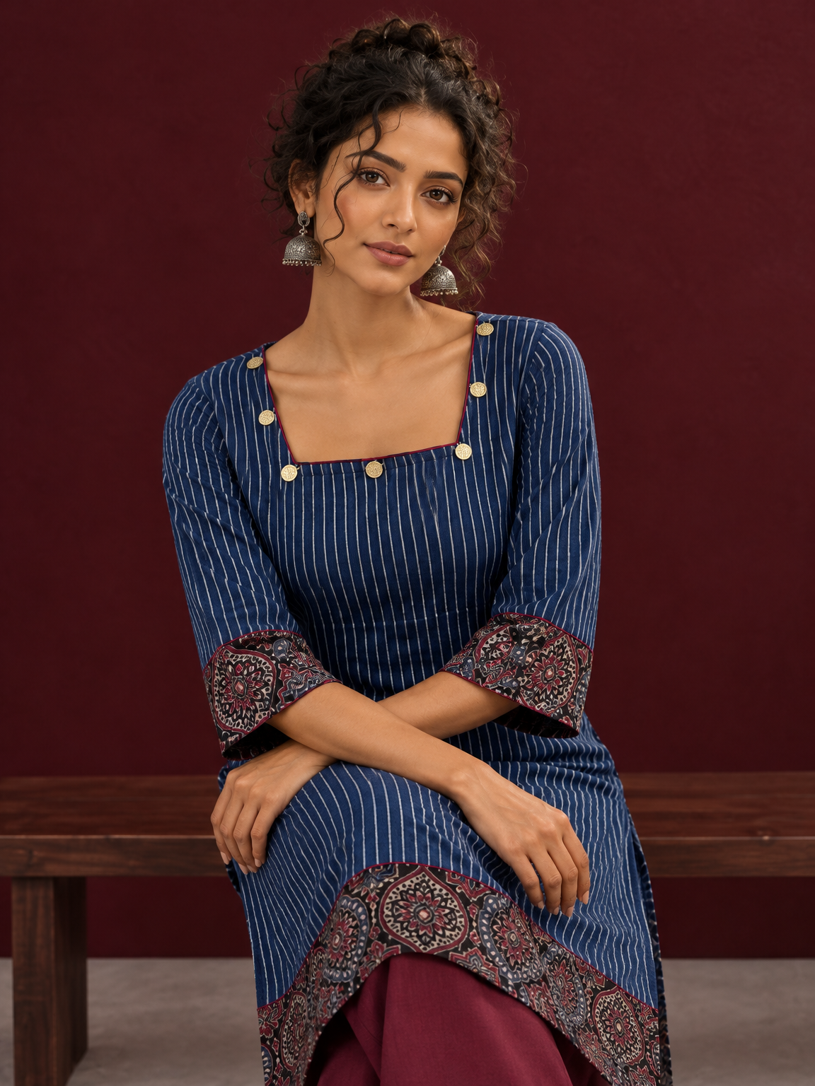 Navy Blue Ajrakh Striped Cotton Kurta with Contrasting Maroon Ajrakh Print Hemline and Sleeve Cuffs — seated detail