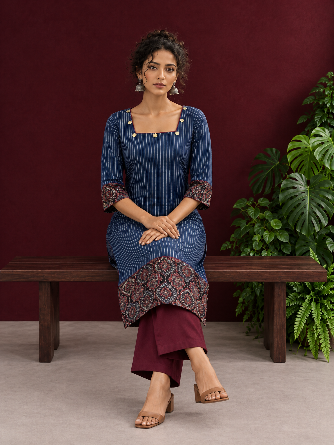 Navy Blue Ajrakh Striped Cotton Kurta with Contrasting Maroon Ajrakh Print Hemline and Sleeve Cuffs — seated