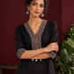 Timeless Black Cotton Kurta with Contrast Beige Ajrakh Printed V-Neck Panel & Matching Sleeve Cuffs — styled view