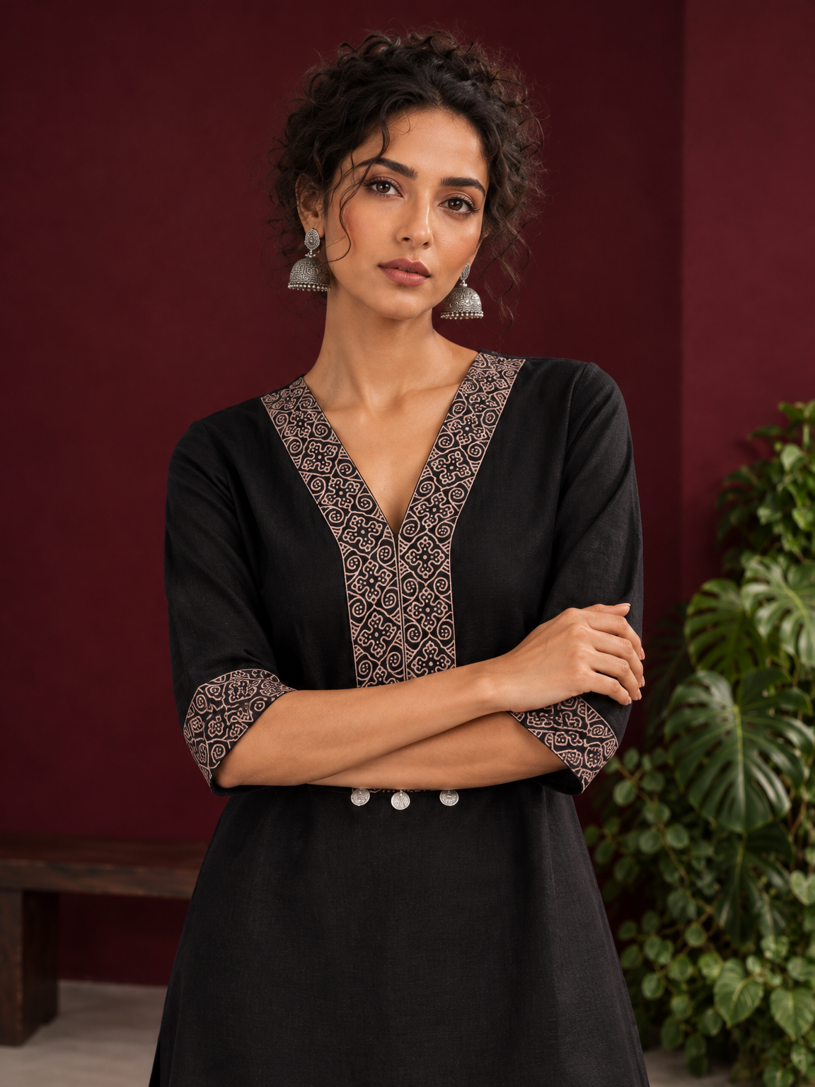 Timeless Black Cotton Kurta with Contrast Beige Ajrakh Printed V-Neck Panel & Matching Sleeve Cuffs — styled view