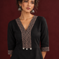Timeless Black Cotton Kurta with Contrast Beige Ajrakh Printed V-Neck Panel & Matching Sleeve Cuffs — fabric detail