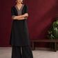 Timeless Black Cotton Kurta with Contrast Beige Ajrakh Printed V-Neck Panel & Matching Sleeve Cuffs — front view