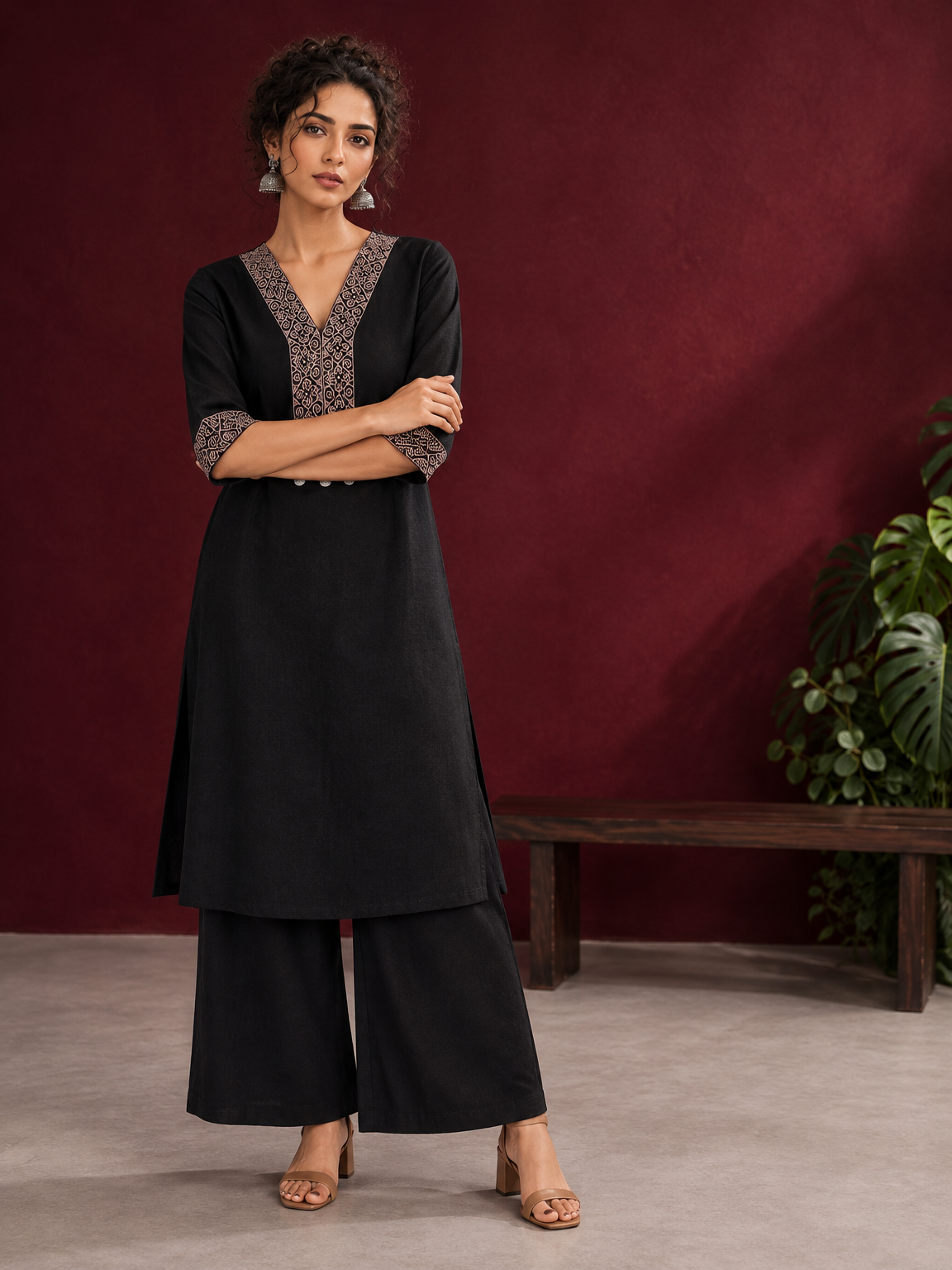 Timeless Black Cotton Kurta with Contrast Beige Ajrakh Printed V-Neck Panel & Matching Sleeve Cuffs — front view