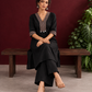 Timeless Black Cotton Kurta with Contrast Beige Ajrakh Printed V-Neck Panel & Matching Sleeve Cuffs — seated