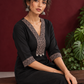 Timeless Black Cotton Kurta with Contrast Beige Ajrakh Printed V-Neck Panel & Matching Sleeve Cuffs — seated detail