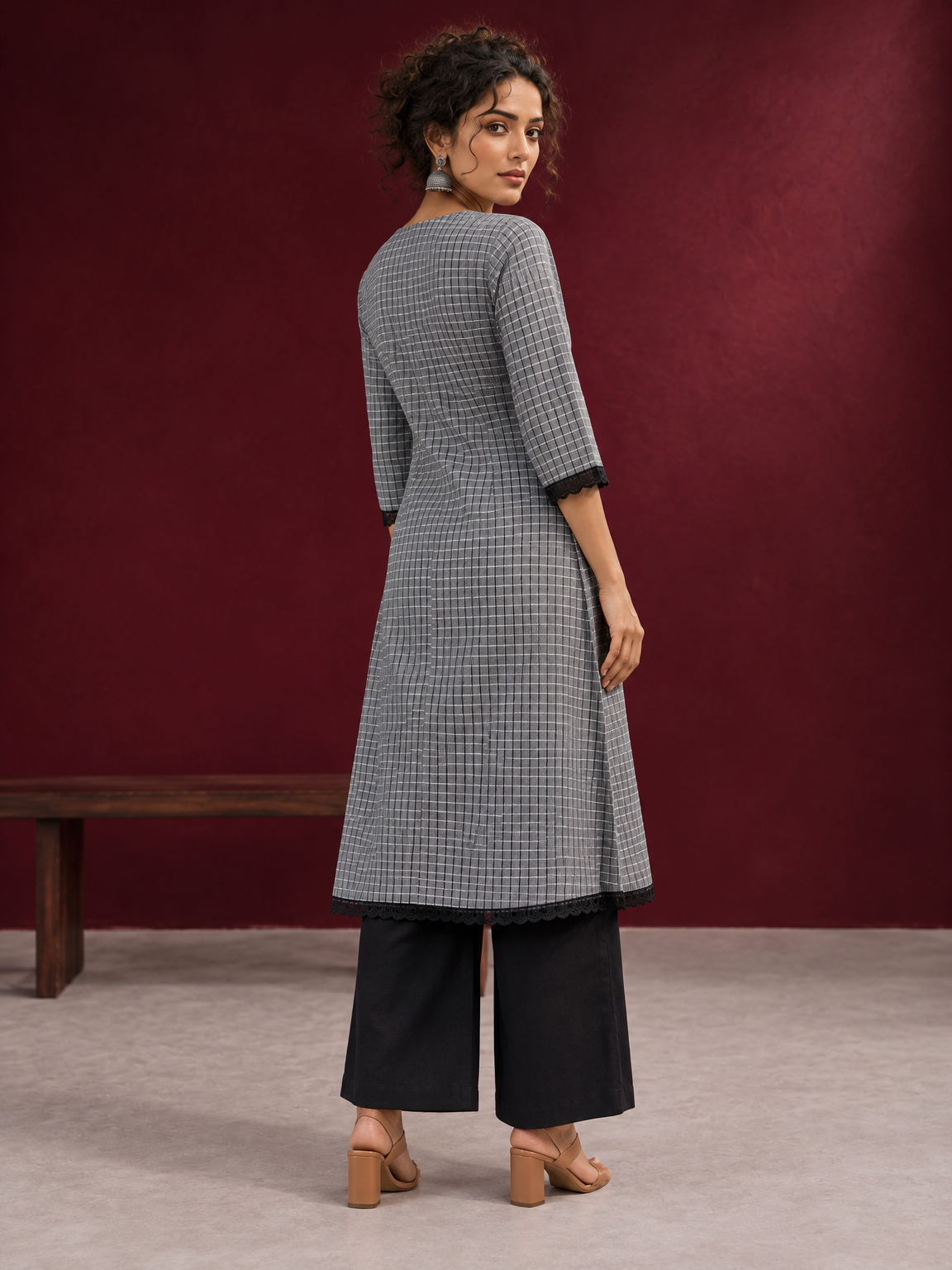 Classic Grey Ikat Checked Cotton Kurta with Black Lace Trim Sleeves and Asymmetric Button Placket — back view