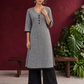 Classic Grey Ikat Checked Cotton Kurta with Black Lace Trim Sleeves and Asymmetric Button Placket — front view
