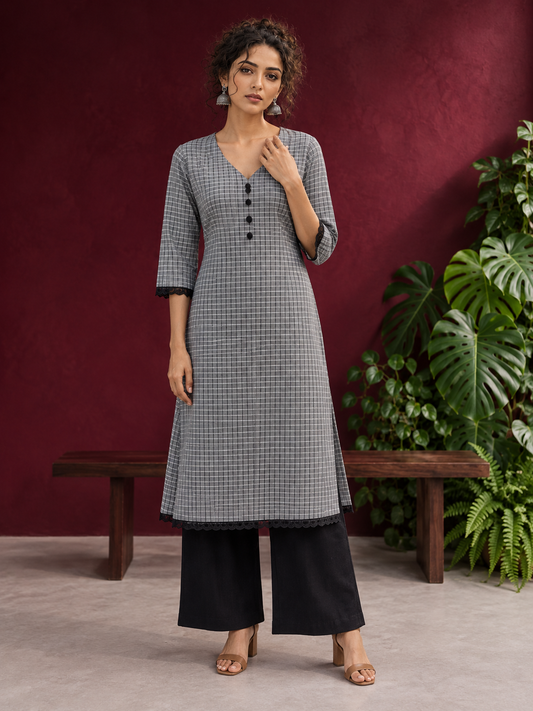 Classic Grey Ikat Checked Cotton Kurta with Black Lace Trim Sleeves and Asymmetric Button Placket — front view