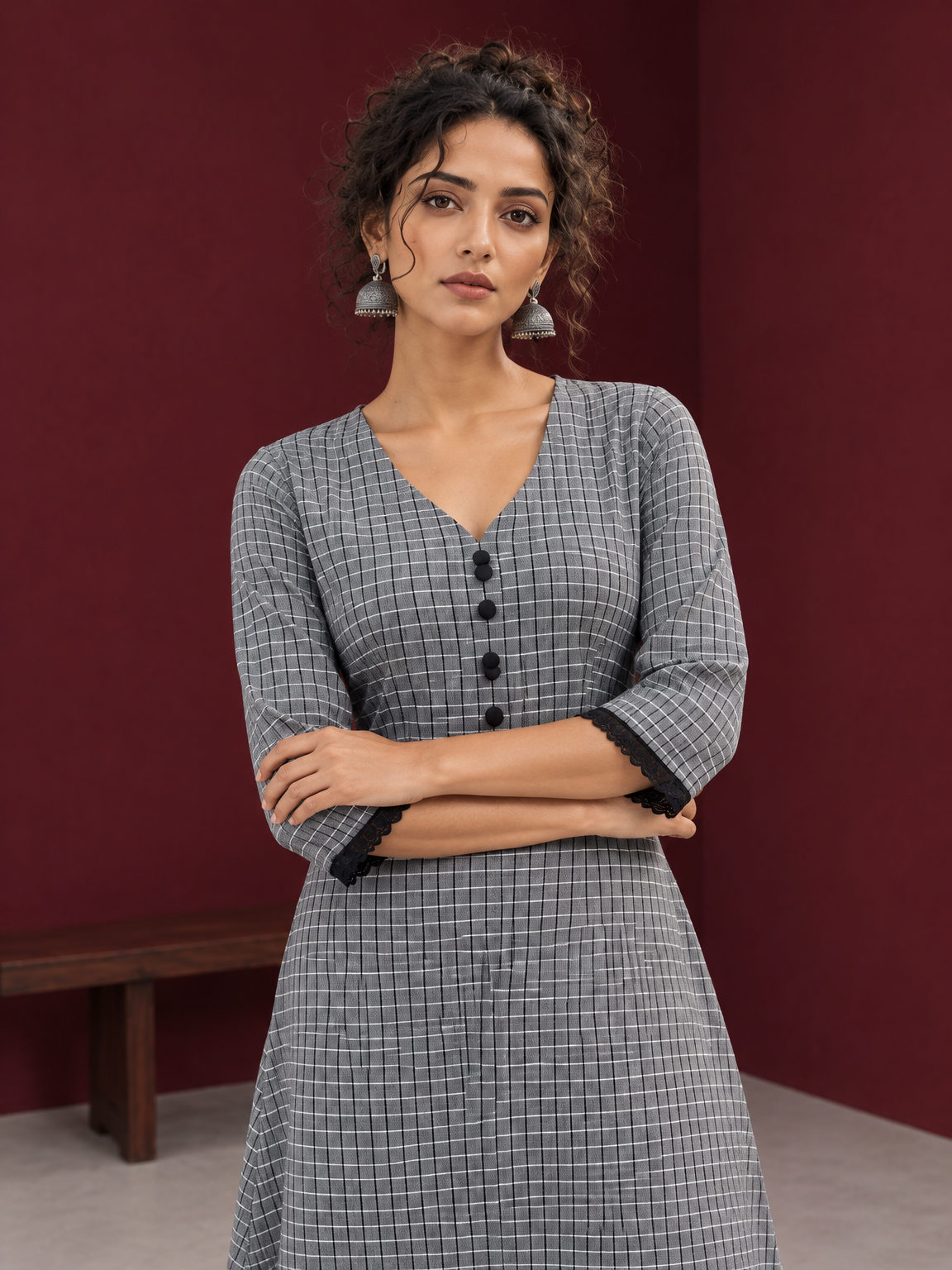 Classic Grey Ikat Checked Cotton Kurta with Black Lace Trim Sleeves and Asymmetric Button Placket — styled view