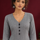 Classic Grey Ikat Checked Cotton Kurta with Black Lace Trim Sleeves and Asymmetric Button Placket — fabric detail