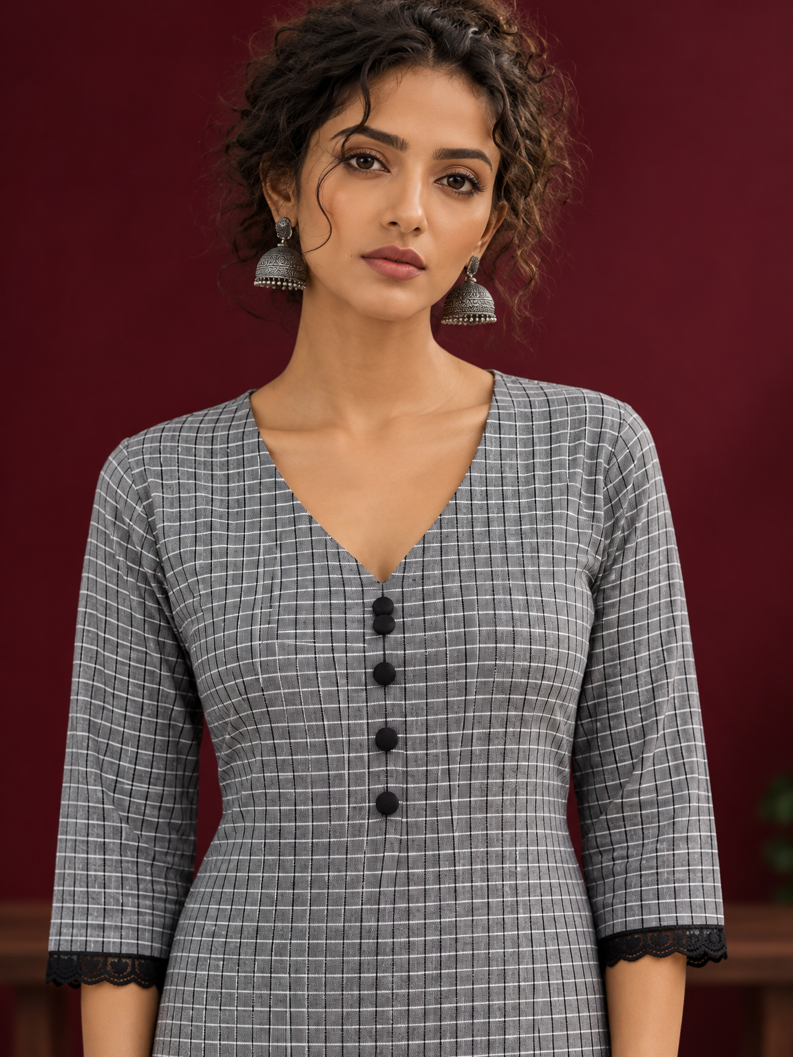 Classic Grey Ikat Checked Cotton Kurta with Black Lace Trim Sleeves and Asymmetric Button Placket — fabric detail