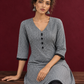 Classic Grey Ikat Checked Cotton Kurta with Black Lace Trim Sleeves and Asymmetric Button Placket — seated detail