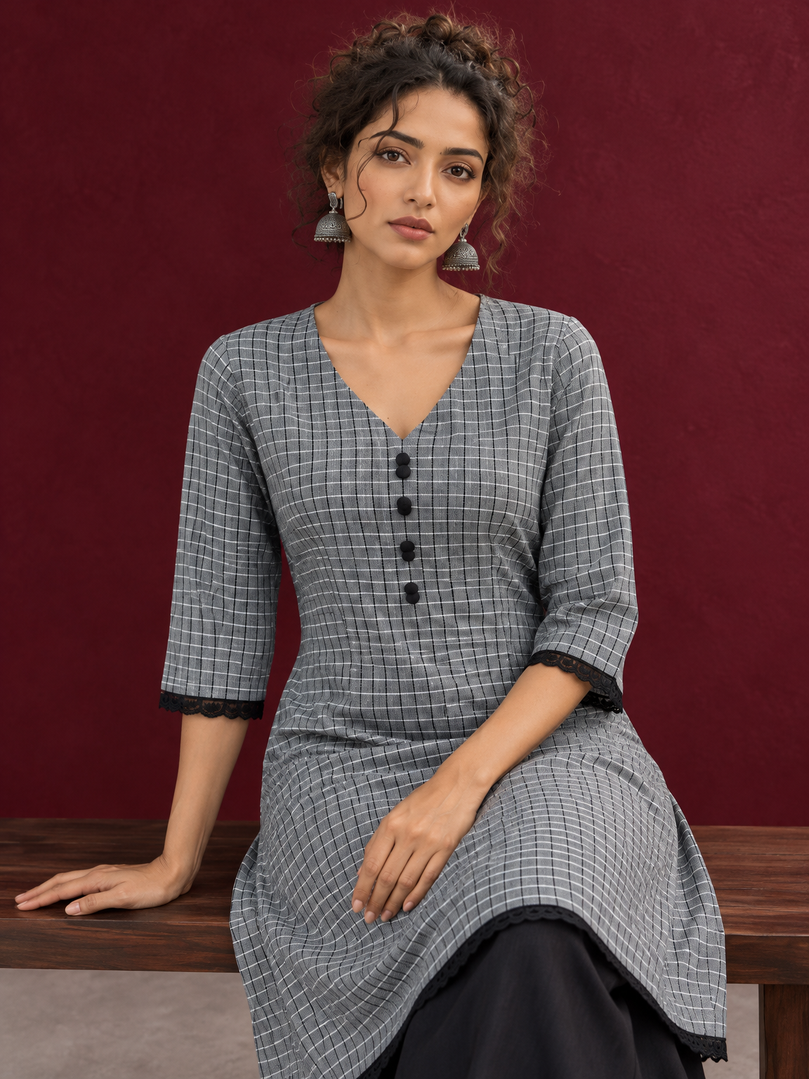 Classic Grey Ikat Checked Cotton Kurta with Black Lace Trim Sleeves and Asymmetric Button Placket — seated detail