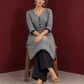 Classic Grey Ikat Checked Cotton Kurta with Black Lace Trim Sleeves and Asymmetric Button Placket — seated