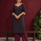 Black Polka Dot Kurta with Ajrakh Printed Beige Collar and Contrast Cuffs — front view