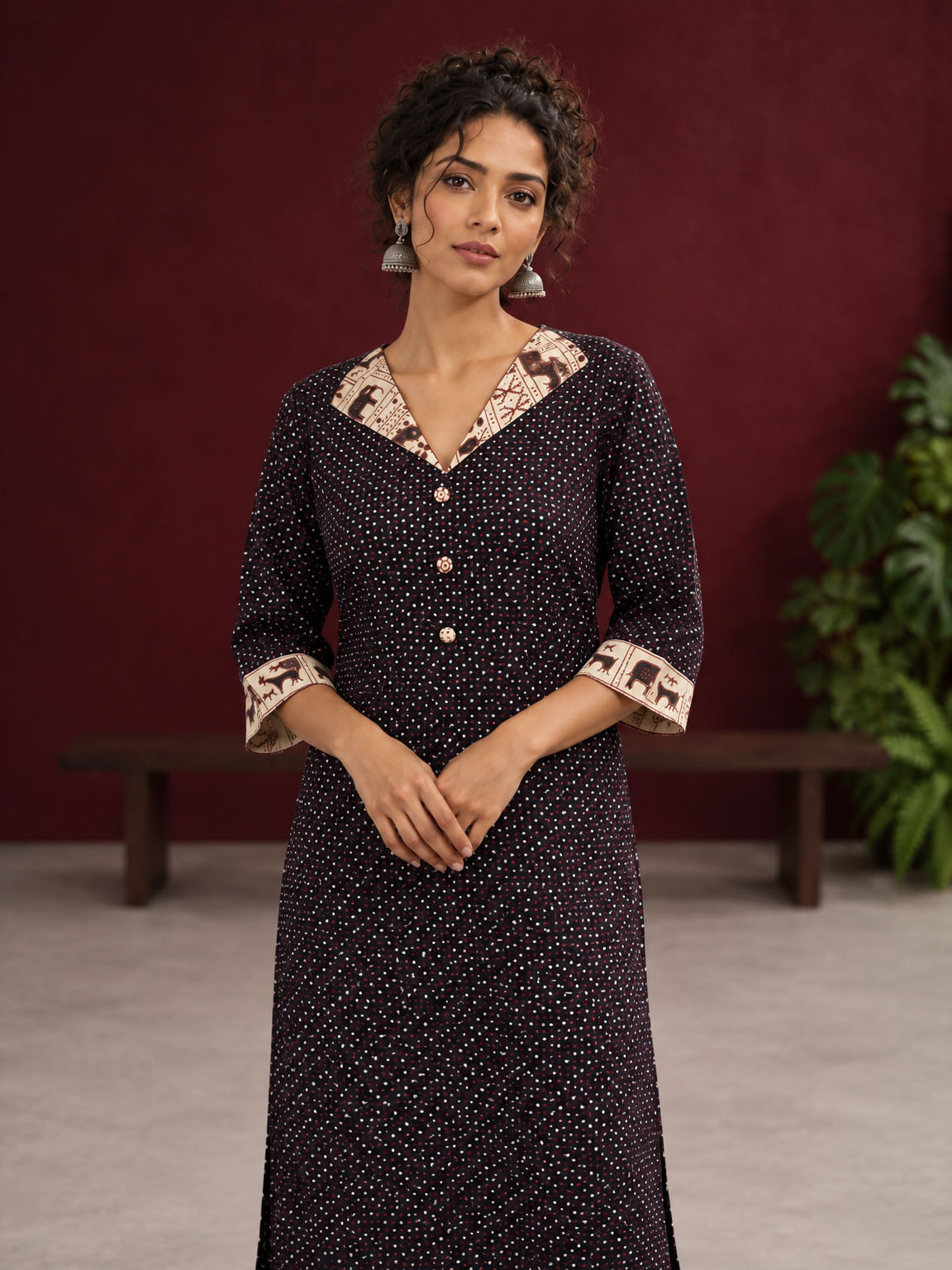 Black Polka Dot Kurta with Ajrakh Printed Beige Collar and Contrast Cuffs — fabric detail
