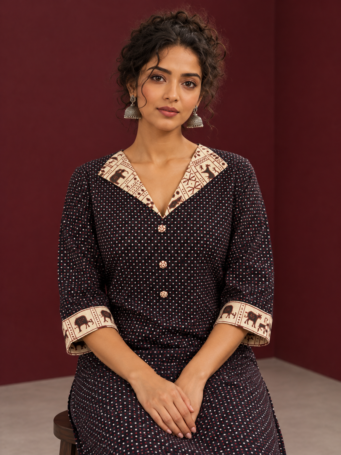 Black Polka Dot Kurta with Ajrakh Printed Beige Collar and Contrast Cuffs — seated detail