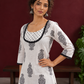 Classic White Cotton Kurta with Black Block Print Motifs, Polka Dot Yoke & Contrast Lace Trim with Matching Pol — styled view