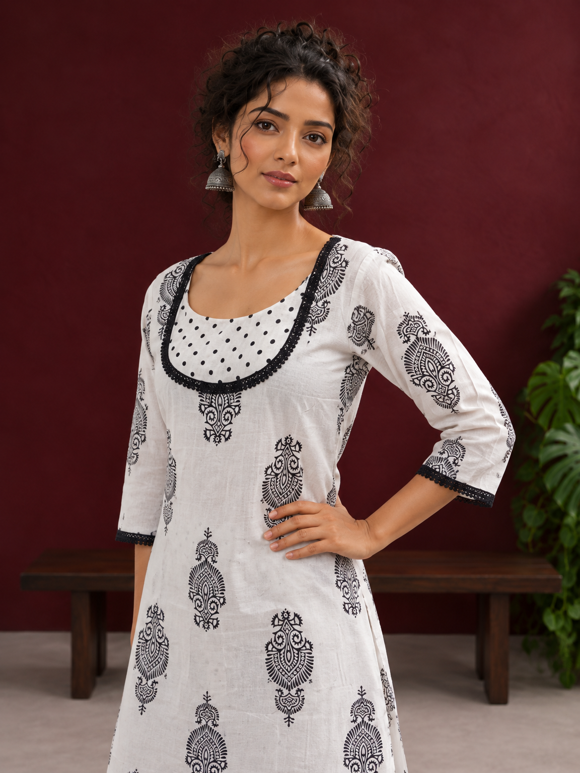 Classic White Cotton Kurta with Black Block Print Motifs, Polka Dot Yoke & Contrast Lace Trim with Matching Pol — styled view
