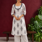 Classic White Cotton Kurta with Black Block Print Motifs, Polka Dot Yoke & Contrast Lace Trim with Matching Polk — front view