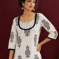 Classic White Cotton Kurta with Black Block Print Motifs, Polka Dot Yoke & Contrast Lace Trim with Matching P — fabric detail