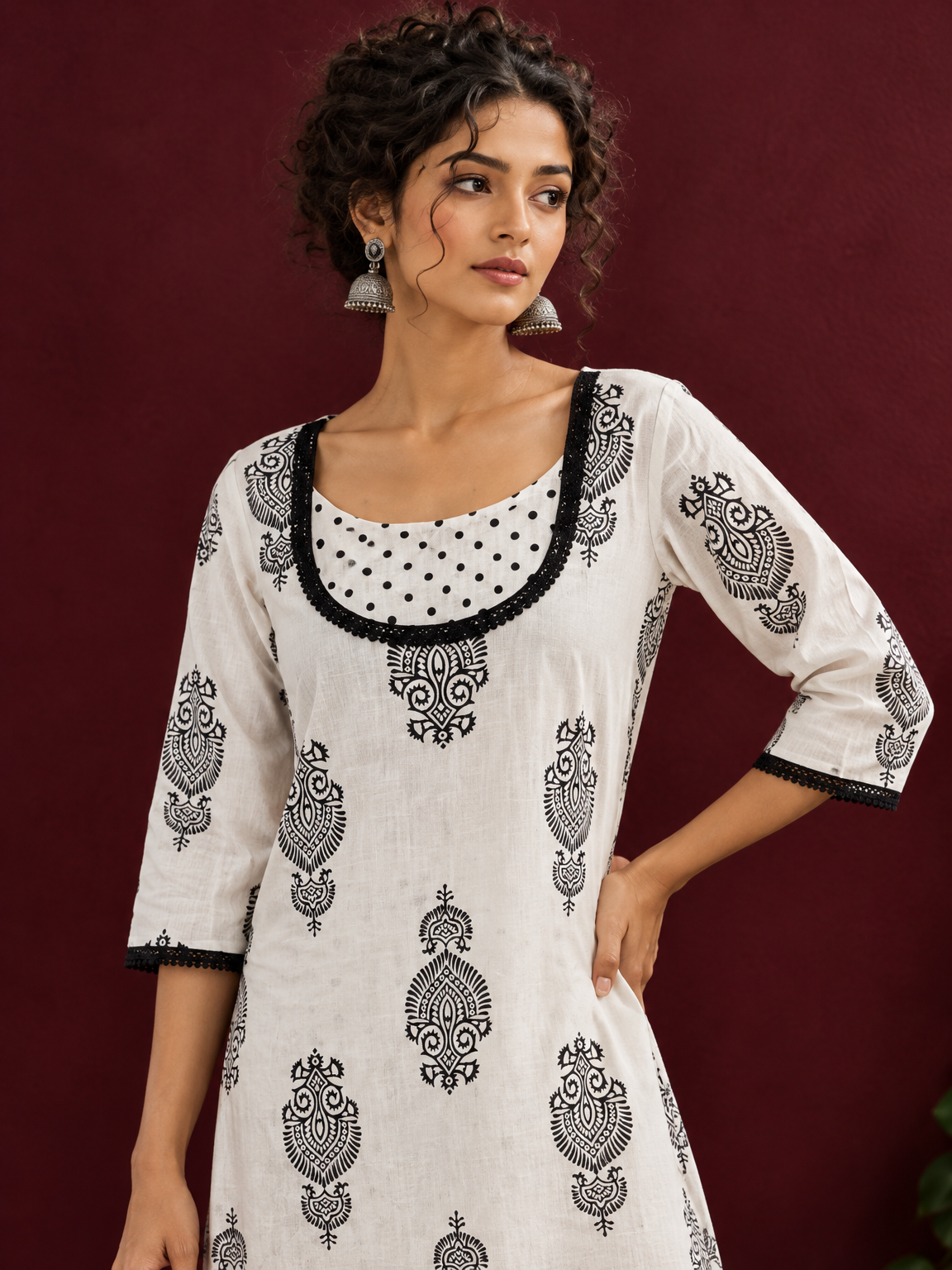 Classic White Cotton Kurta with Black Block Print Motifs, Polka Dot Yoke & Contrast Lace Trim with Matching P — fabric detail