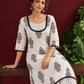 Classic White Cotton Kurta with Black Block Print Motifs, Polka Dot Yoke & Contrast Lace Trim with Matching P — seated detail